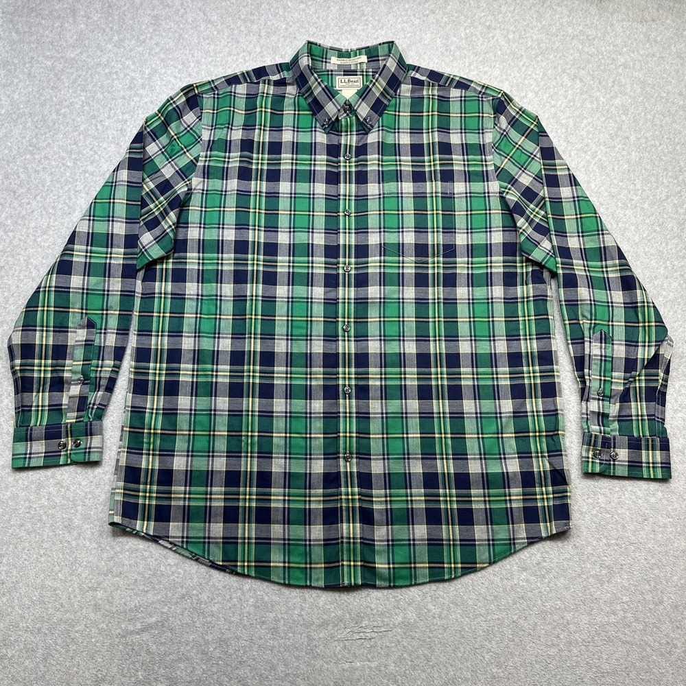 LL Bean Shirt Men XL Blue Green Plaid Wrinkle Resistant Slightly Fitted Casual